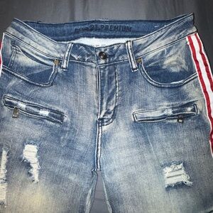 Supreme Blue Denim Shorts with Red Accents